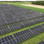 Rzędy paneli fotowoltaicznych zamontowane na szerokim obszarze rolnym, widoczne z góry – inwestycja w energię odnawialną.