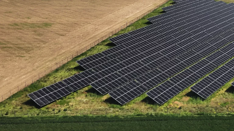 Panele fotowoltaiczne zlokalizowane na polu w sąsiedztwie drogi polnej, otoczone fragmentami nieużytków i gruntów ornych.